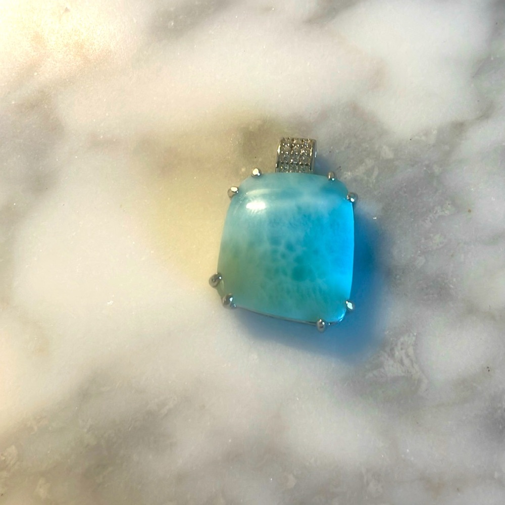 Gorgeous Larimar gemstone square pendant with pave crystals 925 sterling silver